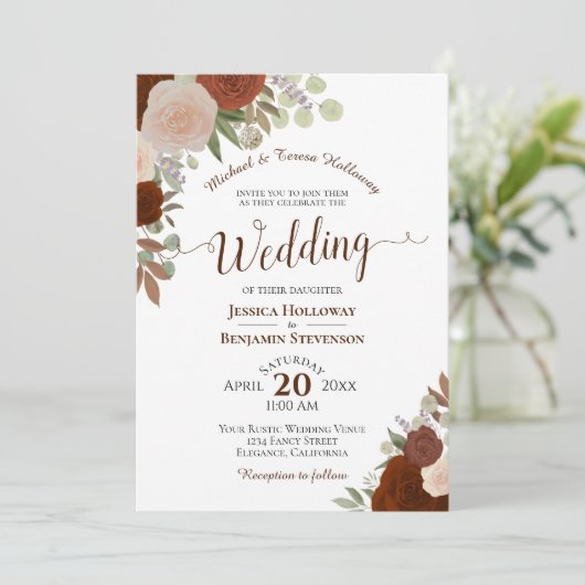 Elegant Rust Oranje Waterverf Floral Wedding Kaart (Staand voorkant)