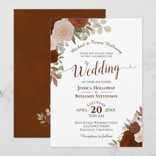 Elegant Rust Oranje Waterverf Floral Wedding Kaart (Voorkant / Achterkant)