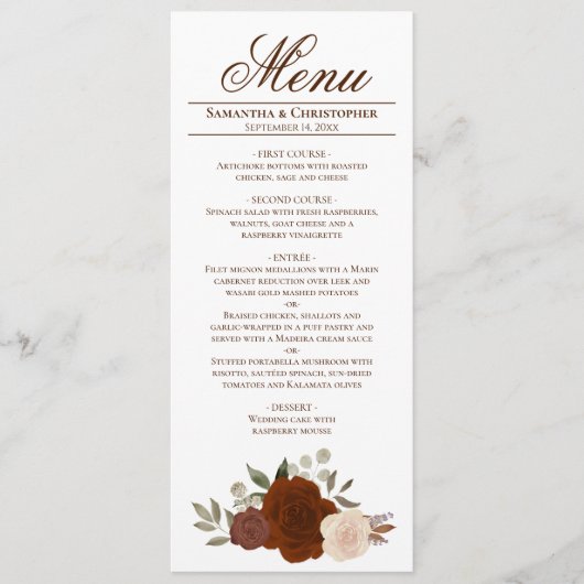 Elegant Rust Oranje Waterverf Rozen Boho Wedding Menu (Voorkant)