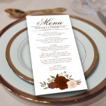 Elegant Rust Oranje Waterverf Rozen Boho Wedding Menu<br><div class="desc">Dit prachtige menu zal wat stijl aan uw trouwreceptie toevoegen. Het is voorzien van een prachtig boho-kleurig floraal ontwerp met een cluster van met de hand geschilderde waterverf rozen in roest sinaasappel, verbrande umber en koraalperziken, samen met kruiderijen van eucalyptusbladeren en herfst- of herfst tuingrienery. Er is ruimte voor de...</div>