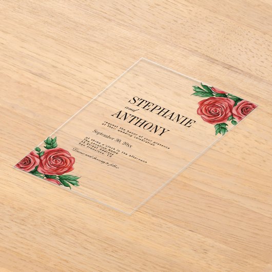 Elegant Rust Rood en Salie Bloemen Rozen Bruiloft Acryl Uitnodigingen (Laagn)