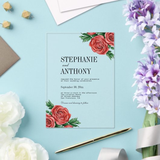 Elegant Rust Rood en Salie Bloemen Rozen Bruiloft Acryl Uitnodigingen (Insitu (Huwelijk))