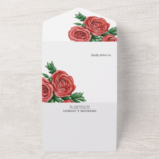 Elegant Rust Rood en Salie Bloemen Rozen Bruiloft All In One Uitnodiging (Buitenkant)