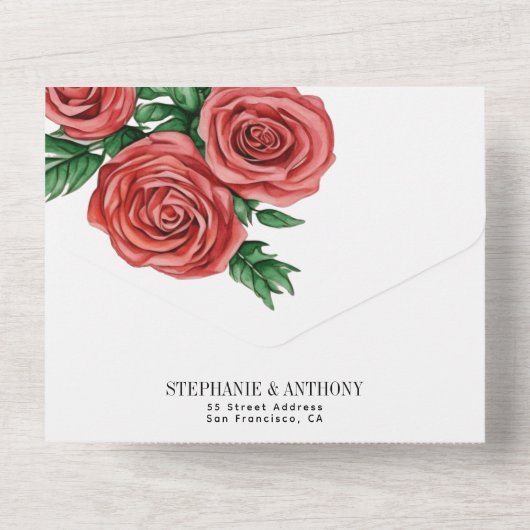 Elegant Rust Rood en Salie Bloemen Rozen Bruiloft All In One Uitnodiging (Achterkant)