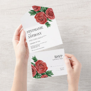 Elegant Rust Rood en Salie Bloemen Rozen Bruiloft All In One Uitnodiging