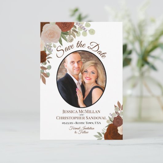 Elegant Rust Sinaasappel Floral Boho Wedding Photo Save The Date (Staand voorkant)