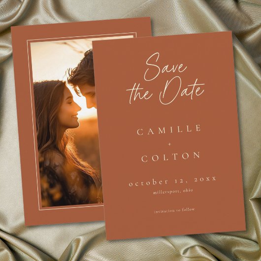 Elegant Rust Terracotta Minimalist Wedding Photo Save The Date