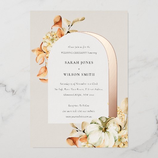 Elegant Rustic Autumn Pumpkin Arch Floral Wedding Folie Uitnodiging (Voorkant)