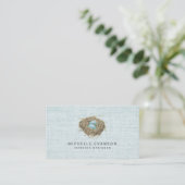 Elegant Rustic Bird Nest Pastel Blue Linen Visitekaartje (Staand voorkant)