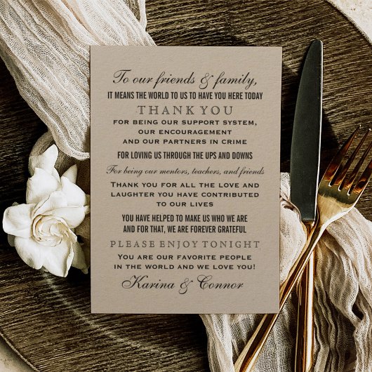 Elegant Rustic Black and Kraft Wedding Guest Bedankkaart