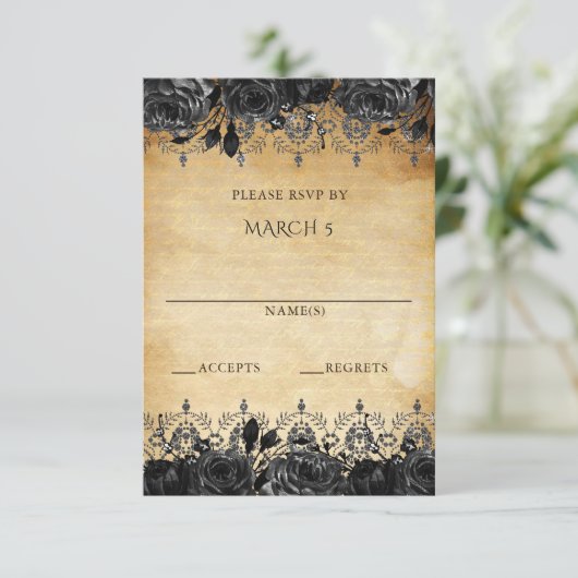Elegant Rustic  Black Floral RSVP Kaartje (Staand voorkant)
