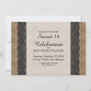 Elegant Rustic Black Lace en Jute Design Kaart