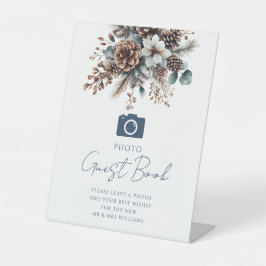 Elegant Rustic Bloemige Denneappels Gastboek Bruil Reclamebord Met Voetstuk