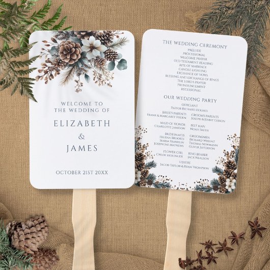 Elegant Rustic Bloemige Denneappels Trouwprogramma Handwaaier