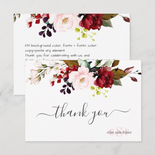Elegant Rustic Bloom Burgundy Blush Bedankkaart (Voorkant / Achterkant)