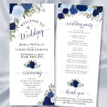 Elegant Rustic Blue Chic Waterverf Floral Wedding Programmakaart<br><div class="desc">Dit mooie trouwprogramma is voorzien van een elegant floral boho chic design met handbeschilderde rozen in tinten van stoffige blauw, marine en indigo op een witte achtergrond. De titels worden geschreven in fancy manuscriptkalligrafie, en er is ruimte voor uw ceremonie en trouwpartijdetails, evenals een korte dank u voor uw gast....</div>