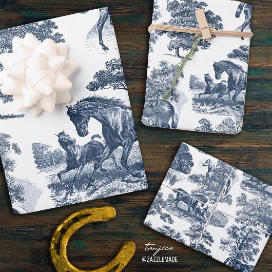 Elegant  Rustic Blue Horses Land Toile Inpakpapier Vel