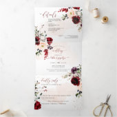 Elegant Rustic Blush Burgundy Waterverf Flowers Drieluik Uitnodiging (Binnen)