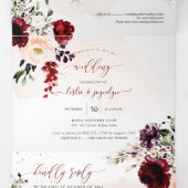 Elegant Rustic Blush Burgundy Waterverf Flowers Drieluik Uitnodiging (Binnenkant midden)