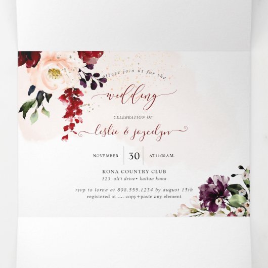 Elegant Rustic Blush Burgundy Waterverf Flowers Drieluik Uitnodiging (Binnenkant midden)