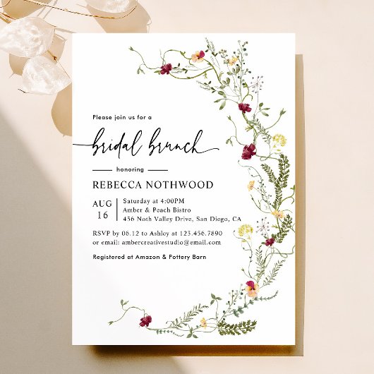 Elegant Rustic Botanical Wildflower Bridal Brunch Kaart