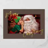 Elegant Rustic Brown & Gold Aangepaste kerstfoto's Folie Feestdagenkaart (Voorkant)