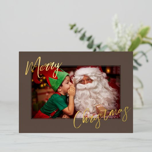 Elegant Rustic Brown & Gold Aangepaste kerstfoto's Folie Feestdagenkaart (Staand Voorkant)