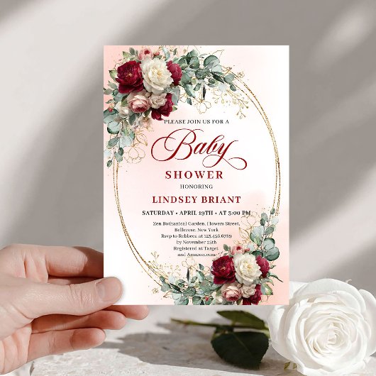 Elegant Rustic Burgundy Floral Gold Baby Shower   Kaart