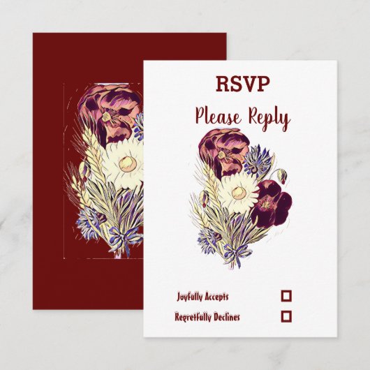 Elegant Rustic Burgundy Floral Maroon Wedding RSVP Kaartje (Voorkant / Achterkant)