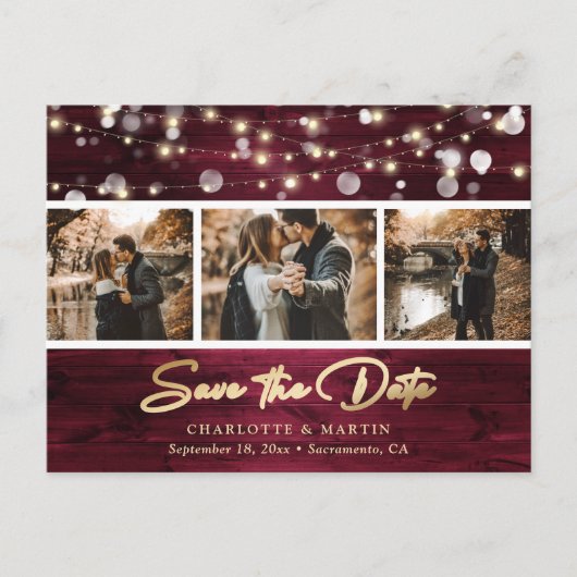 Elegant Rustic Burgundy Gold Foil Weduwfoto Aankondigingskaart (Voorkant)