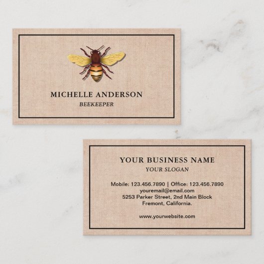 Elegant  Rustic Burlap Honey Beemaar Visitekaartje (Voorkant / Achterkant)