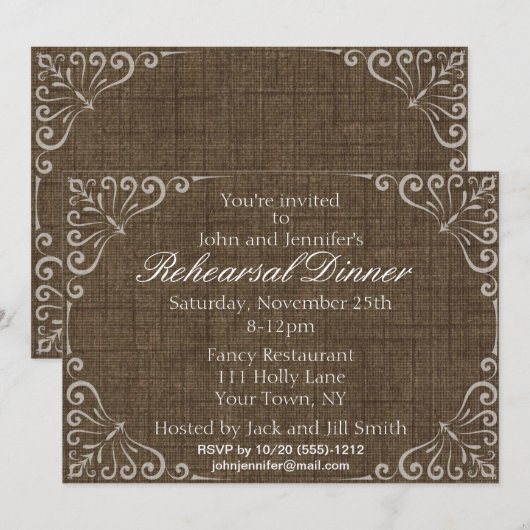 Elegant Rustic Burlap  repetitie Dinner Kaart (Voorkant / Achterkant)