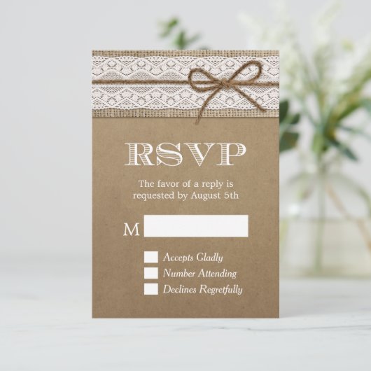 Elegant Rustic Burlap String Bow Wedding RSVP (Staand voorkant)