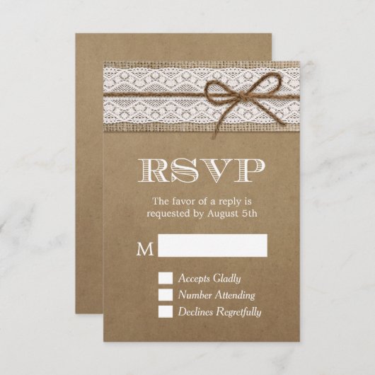 Elegant Rustic Burlap String Bow Wedding RSVP (Voorkant / Achterkant)