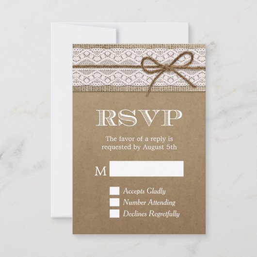 Elegant Rustic Burlap String Bow Wedding RSVP Kaartje (Voorkant)