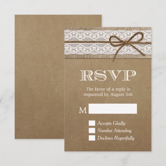 Elegant Rustic Burlap String Bow Wedding RSVP Kaartje (Voorkant / Achterkant)