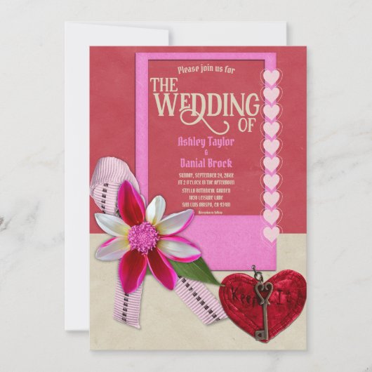 Elegant Rustic Calligraphy Red Heart Bow Wedding Kaart (Voorkant)