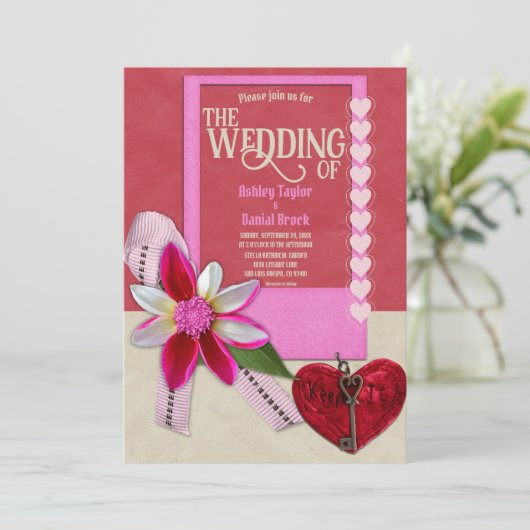 Elegant Rustic Calligraphy Red Heart Bow Wedding Kaart (Staand voorkant)