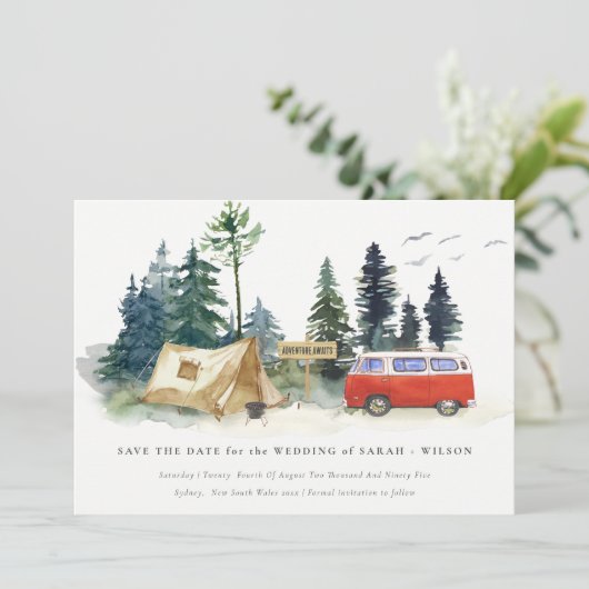 Elegant Rustic Camping Waterverf Pine Forest Save The Date (Staand voorkant)