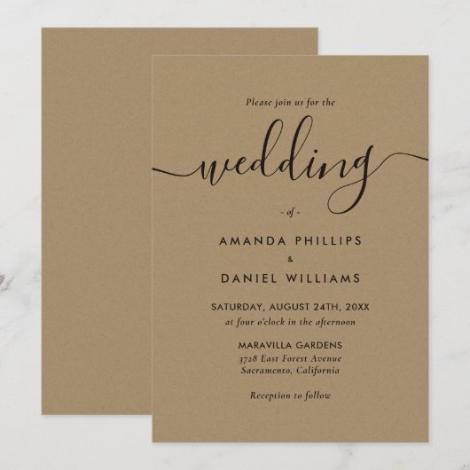 Elegant Rustic Chic Kraft Paper Wedding Kaart (Voorkant / Achterkant)