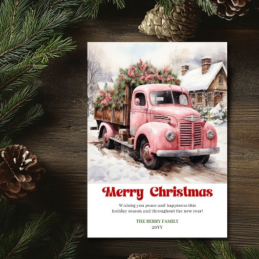 Elegant rustic Christmas scene pink truck greeting Feestdagenkaart
