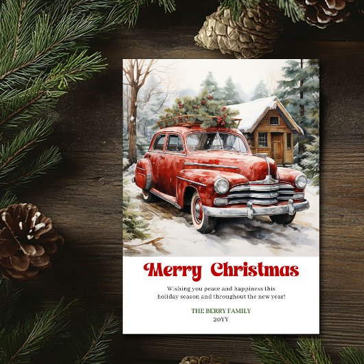 Elegant rustic Christmas scene red car greeting Feestdagenkaart