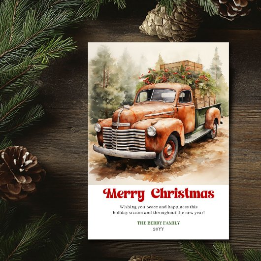 Elegant rustic Christmas scene red truck greeting Feestdagenkaart