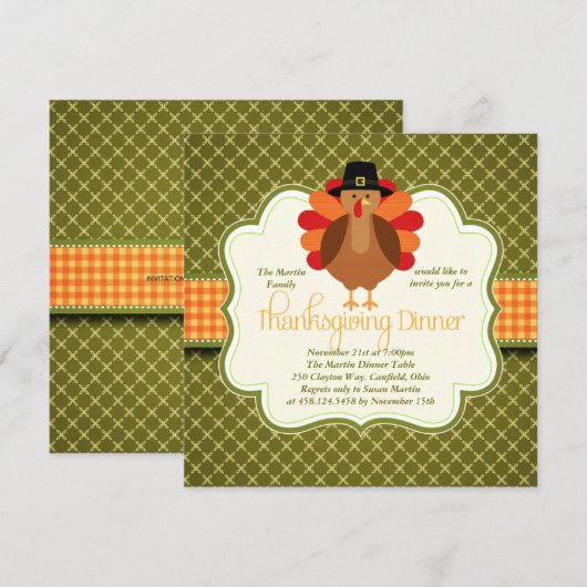 Elegant Rustic Cute Turkey Thanksgiving Dinner Kaart (Voorkant / Achterkant)