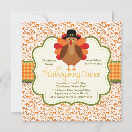 Elegant Rustic Cute Turkey Thanksgiving Dinner Kaart (Voorkant)