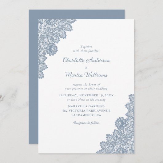 Elegant Rustic Dusty Blue Lace Wedding Invitations Kaart (Voorkant / Achterkant)