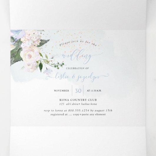 Elegant Rustic Dusty Blue Waterverf Rozen Drieluik Uitnodiging (Binnenkant midden)