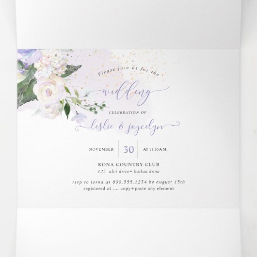 Elegant Rustic Dusty Paarse Waterverf Rozen Drieluik Uitnodiging (Binnenkant midden)