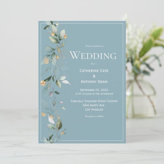 Elegant Rustic Eucalyptus Blue Wedding Kaart (Staand voorkant)
