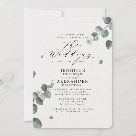 Elegant Rustic Eucalyptus Calligraphy Wedding Kaart (Voorkant)